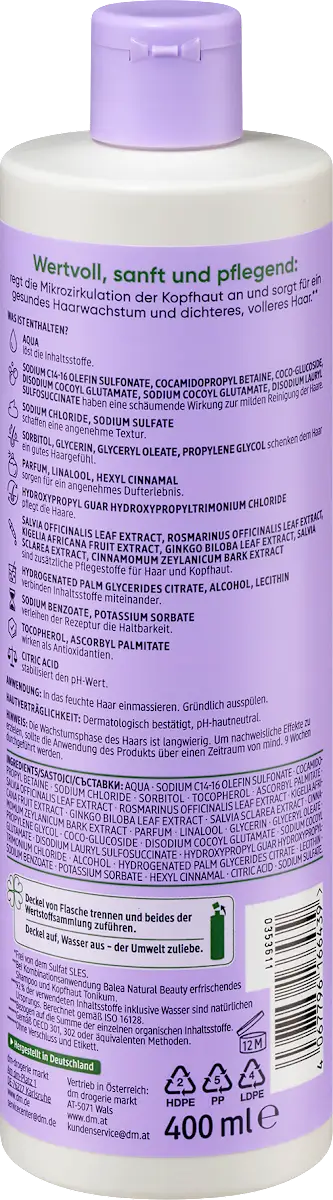Balea Natural Beauty Herbal Refreshing Shampoo with Rosemary and Sage, 400 ml