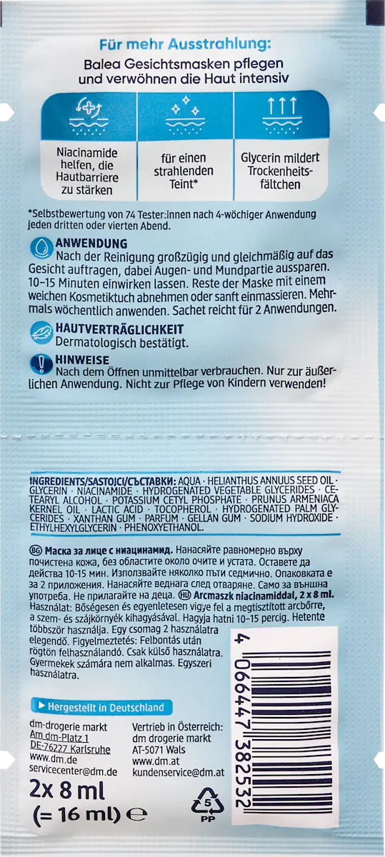 Balea Niacinamide Face Mask for Skin Purifying and Tone Evening - 16 ml