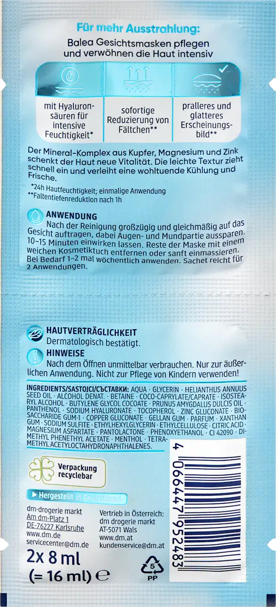 Balea Hyaluronic Face Mask for Intensive Skin Hydration - 16 ml